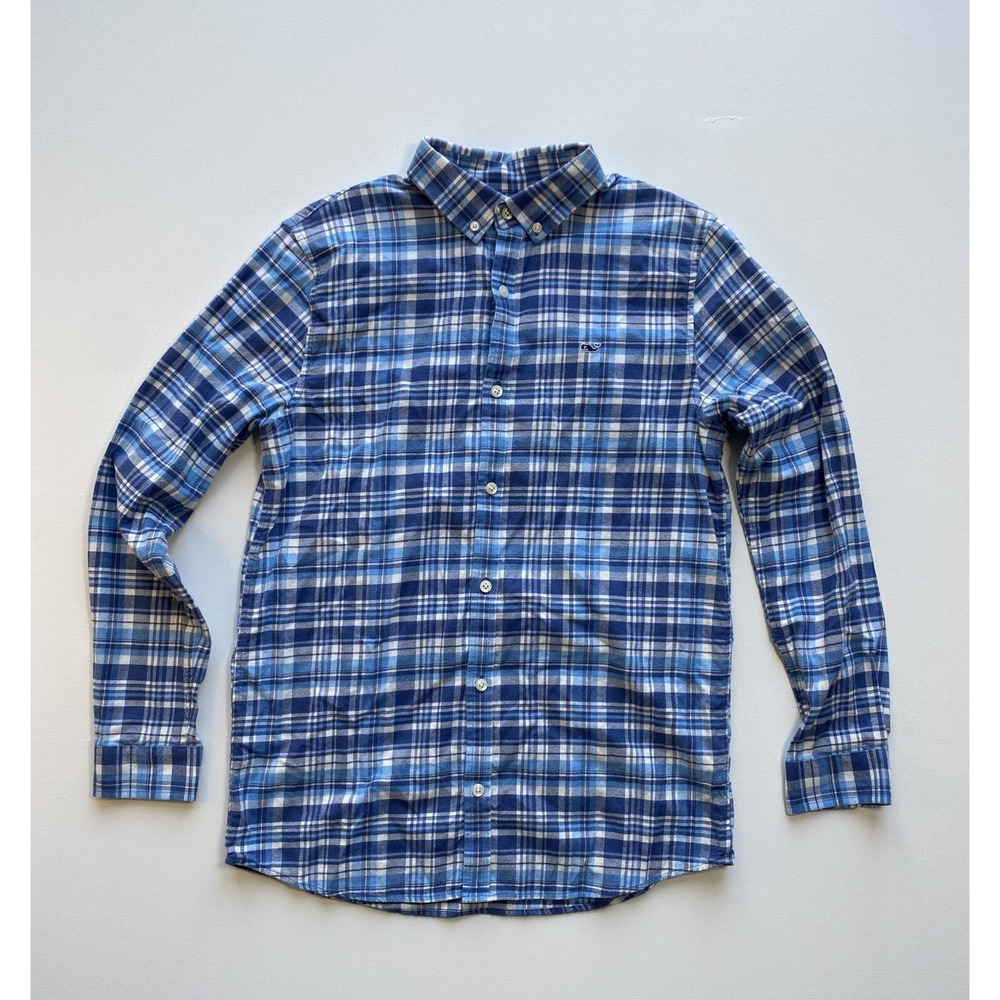 Vineyard Vines Shirt Youth XL Blue Flannel Oxford Plaid Slim Fit Whale Shirt